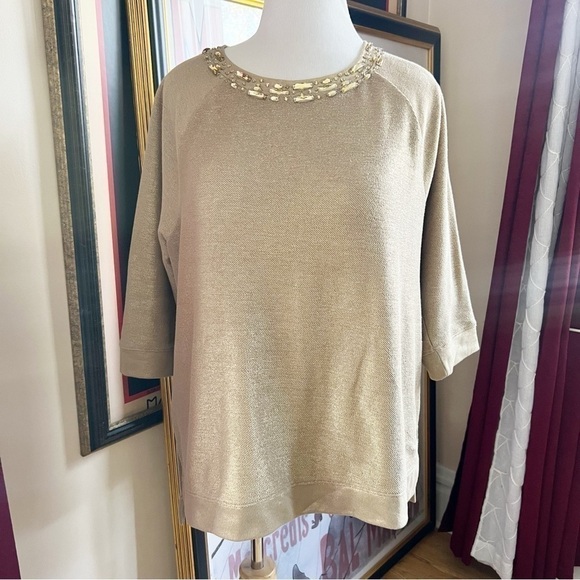 Chico's Collection: Metallic Gold Oversized Loose Sweatshirt Bedazzled Neckline - Picture 1 of 10
